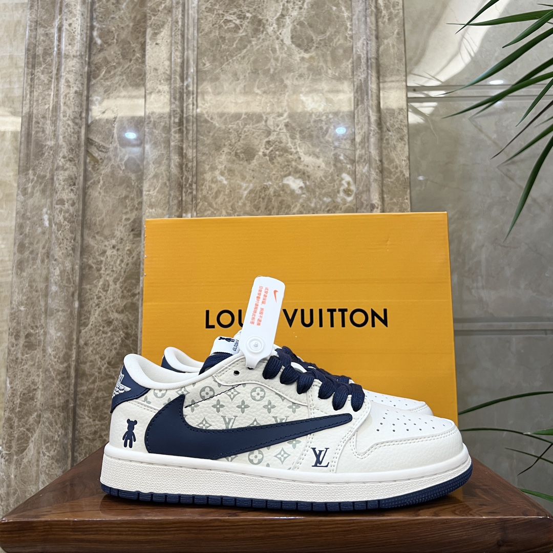 Travis Scott x LV x Air Jordan 1 Low OG SP 2024新款男女生低幫倒鉤LV聯名暴力熊深藍白