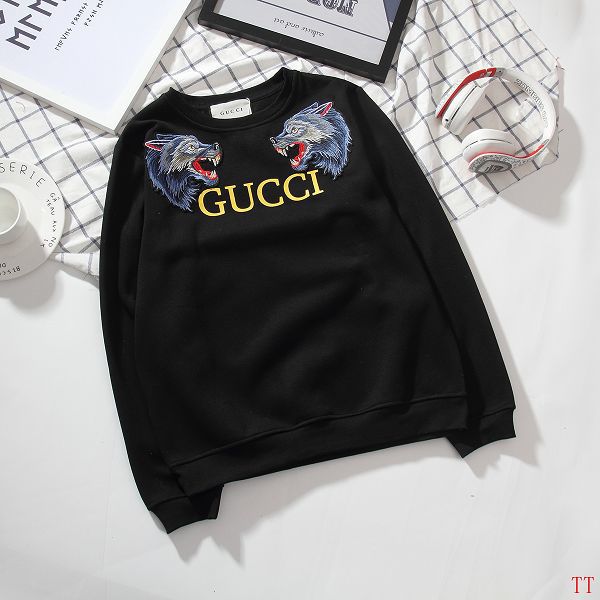 gucci 长袖 2017新款 刺绣狼头字母男生圆领长袖卫衣 黑色